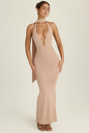 Scarf-Detail Cut-Out Halterneck Maxi Dress in Warm Peach