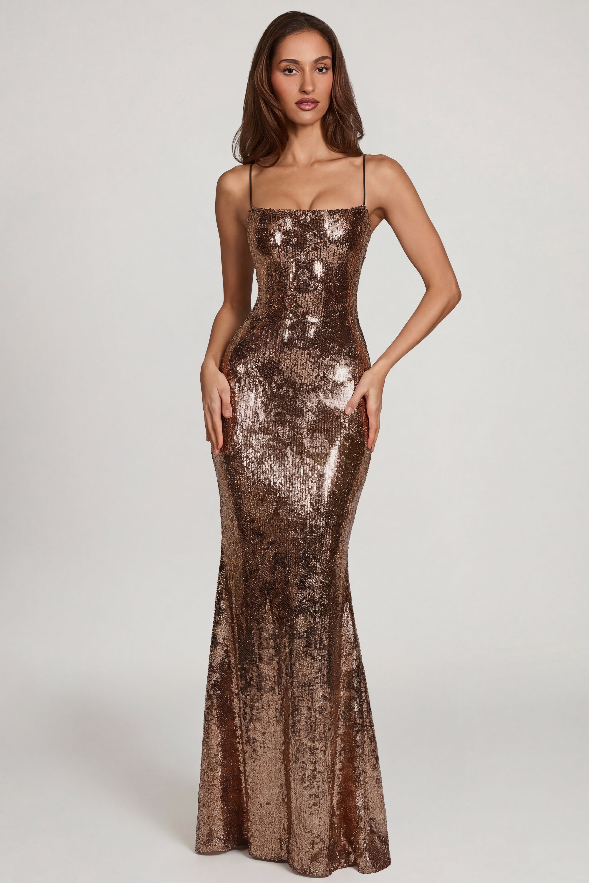 Embellished Straight-Neck Maxi Dress in Copper Gold
