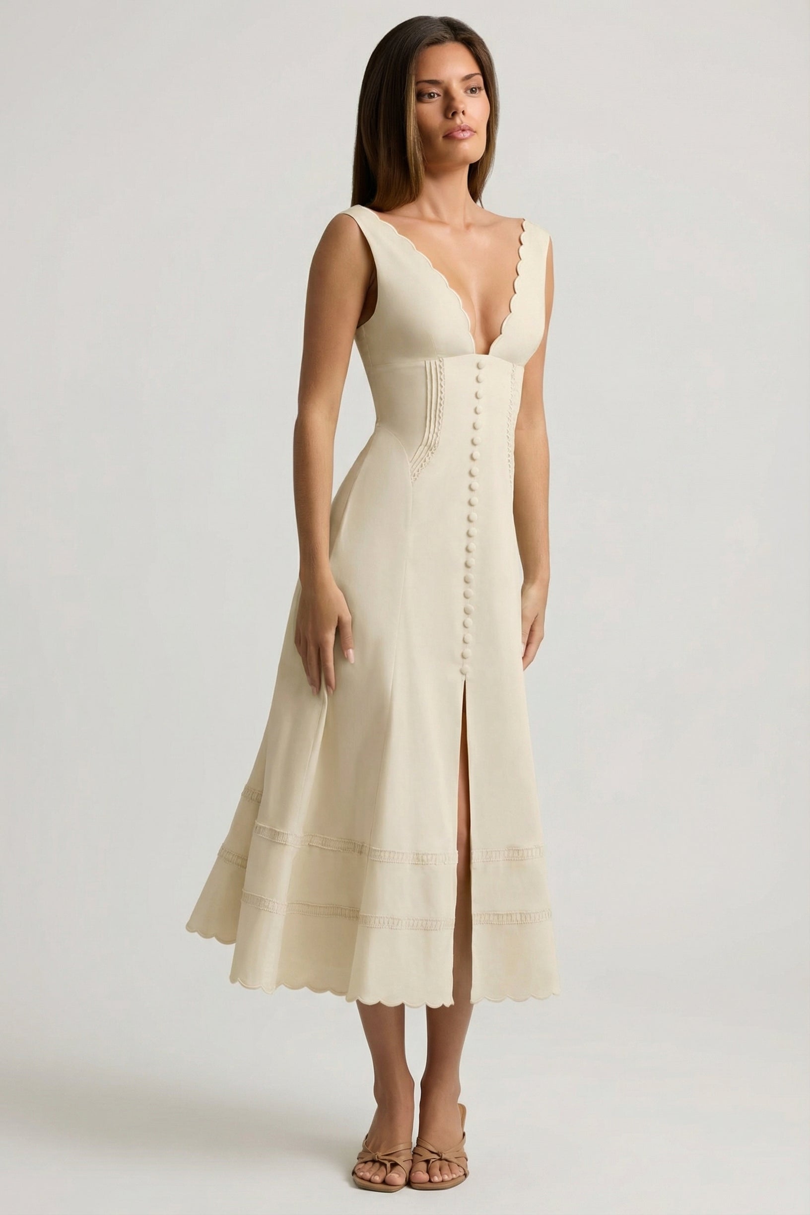 Cotton-Poplin A-Line Midaxi Dress in Ivory - 1