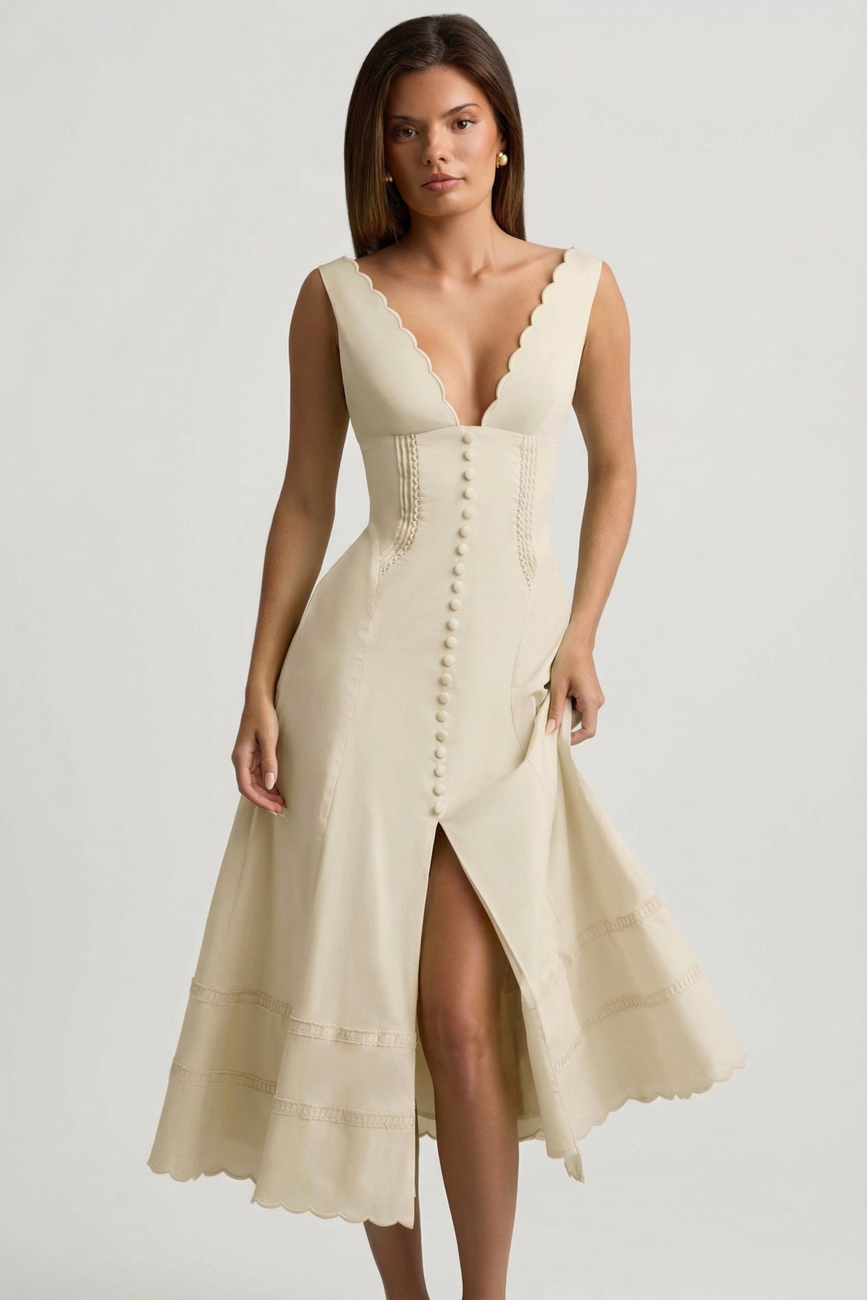 Cotton-Poplin A-Line Midaxi Dress in Ivory - 5