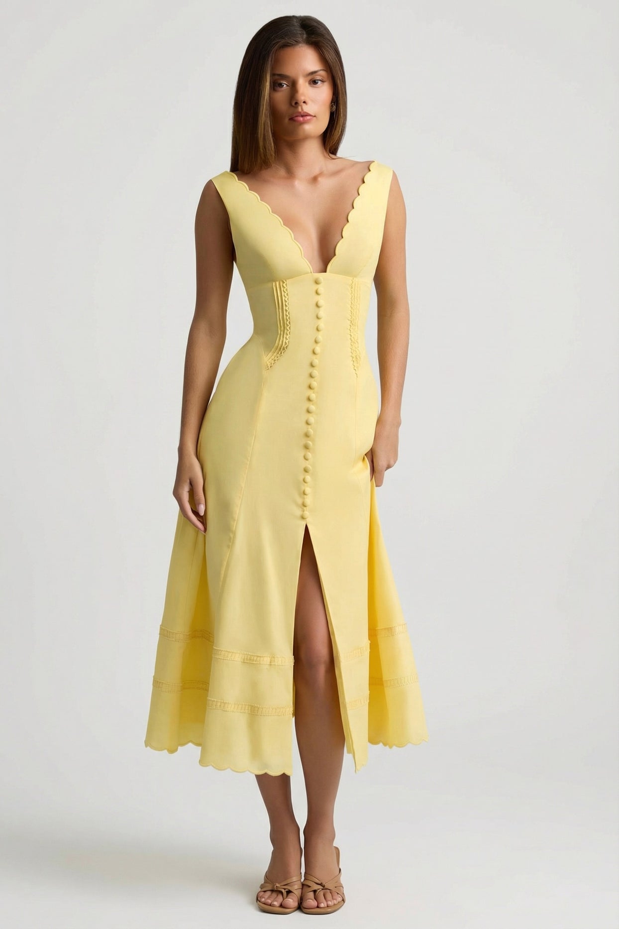 Cotton-Poplin A-Line Midaxi Dress in Pastel Yellow - 1