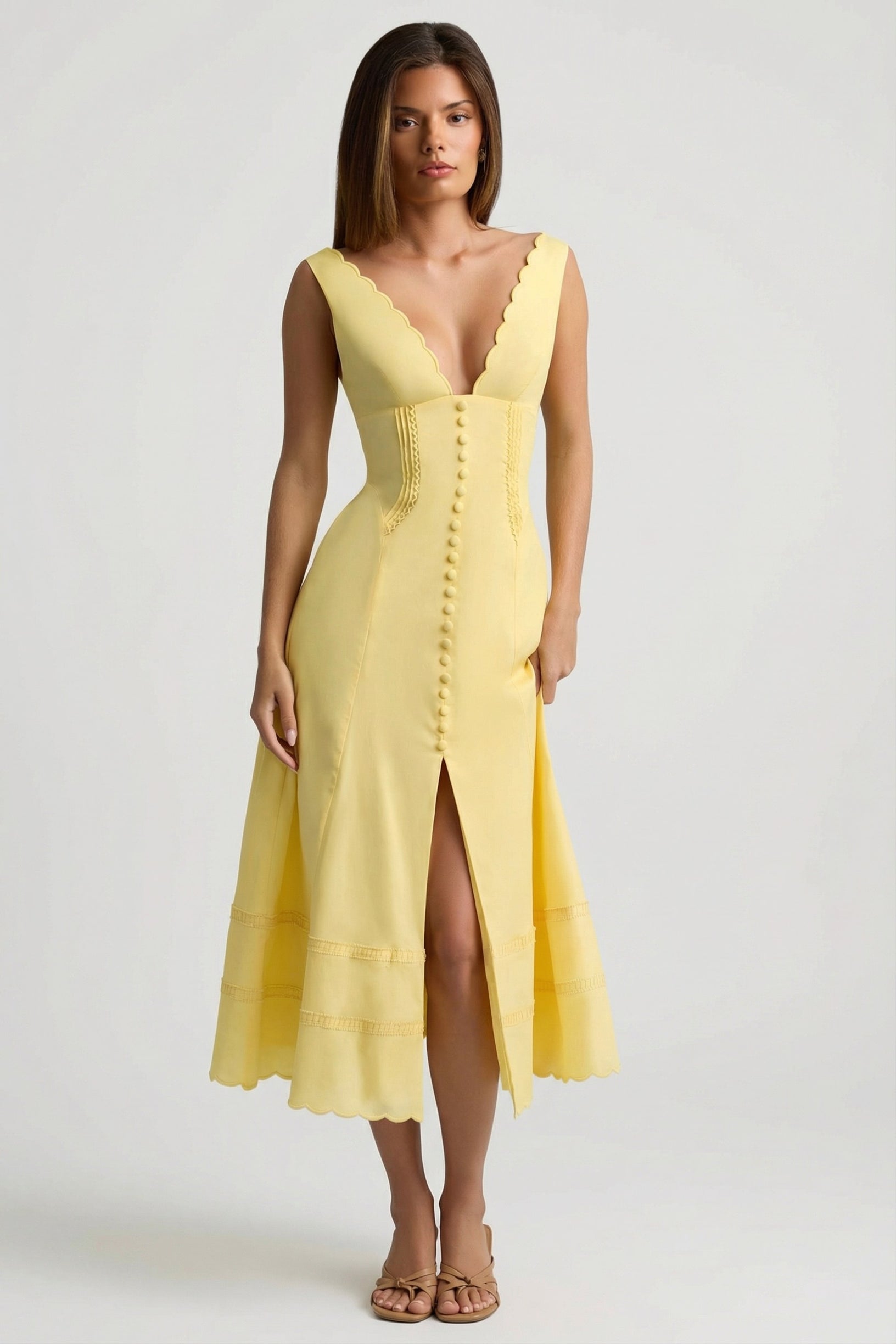 Cotton-Poplin A-Line Midaxi Dress in Pastel Yellow - 1