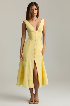 Cotton-Poplin A-Line Midaxi Dress in Pastel Yellow