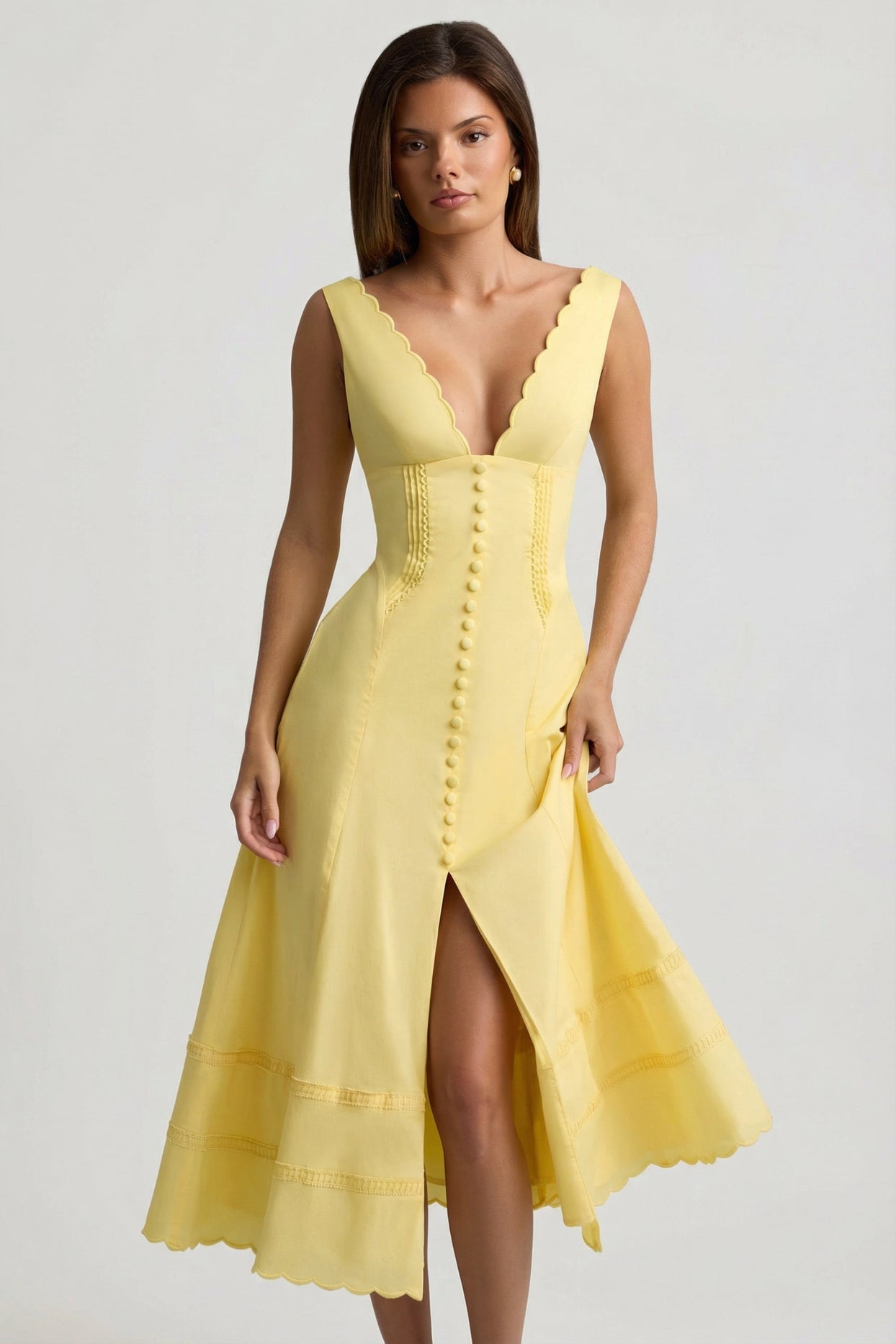 Cotton-Poplin A-Line Midaxi Dress in Pastel Yellow - 5