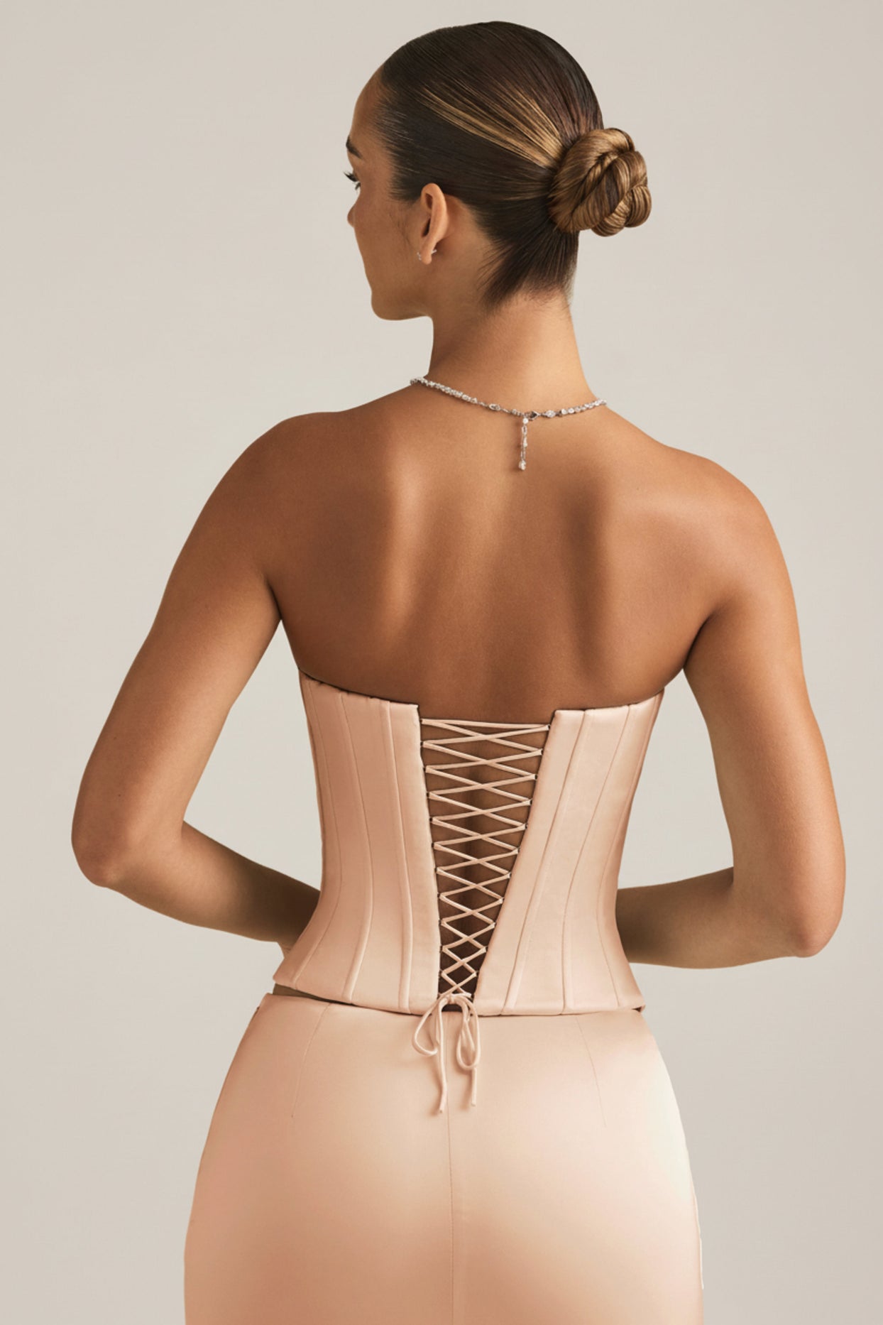 Satin Lace-Up Corset Top in Beige Gold - 7