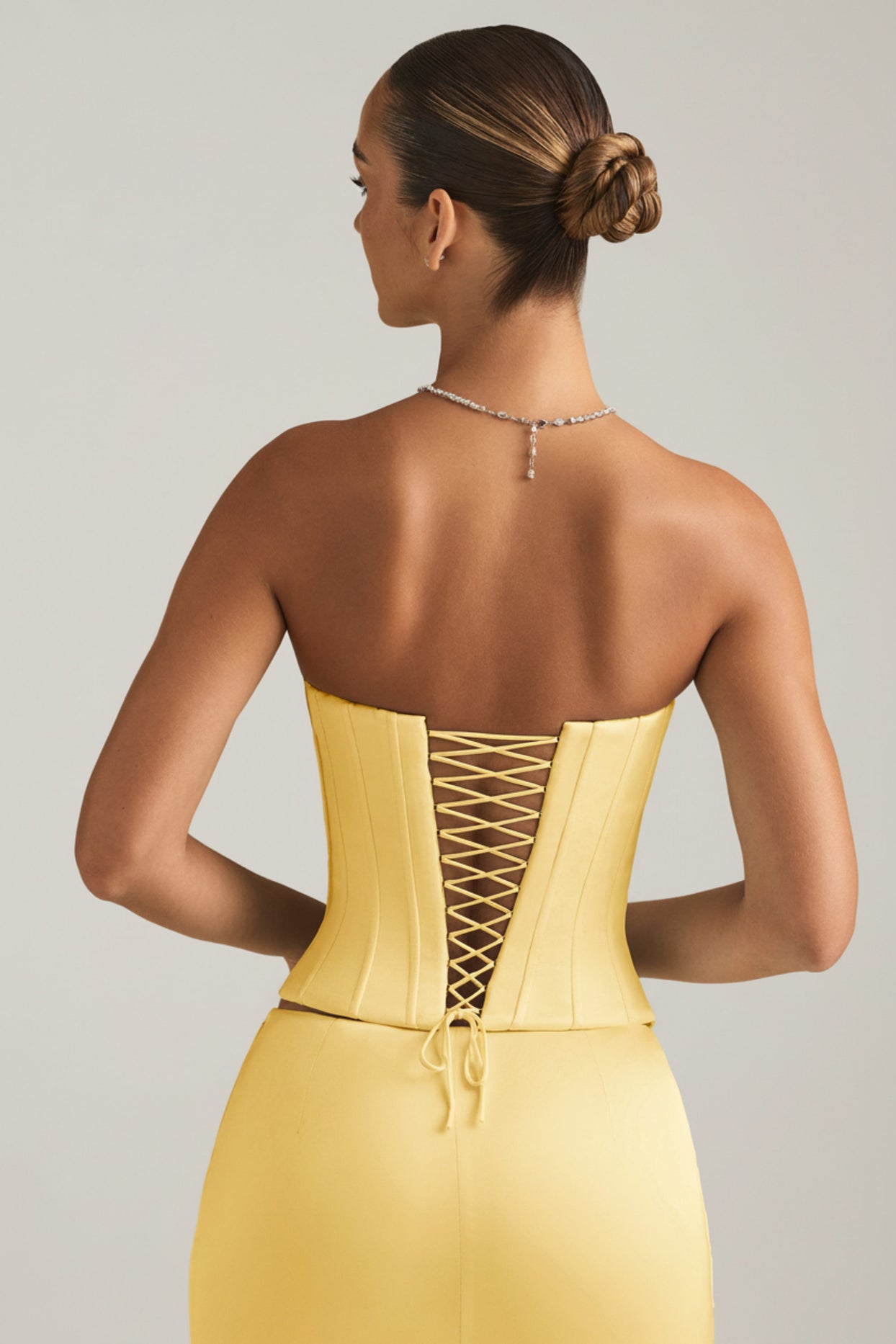 Satin Lace-Up Corset Top in Pastel Yellow - 6