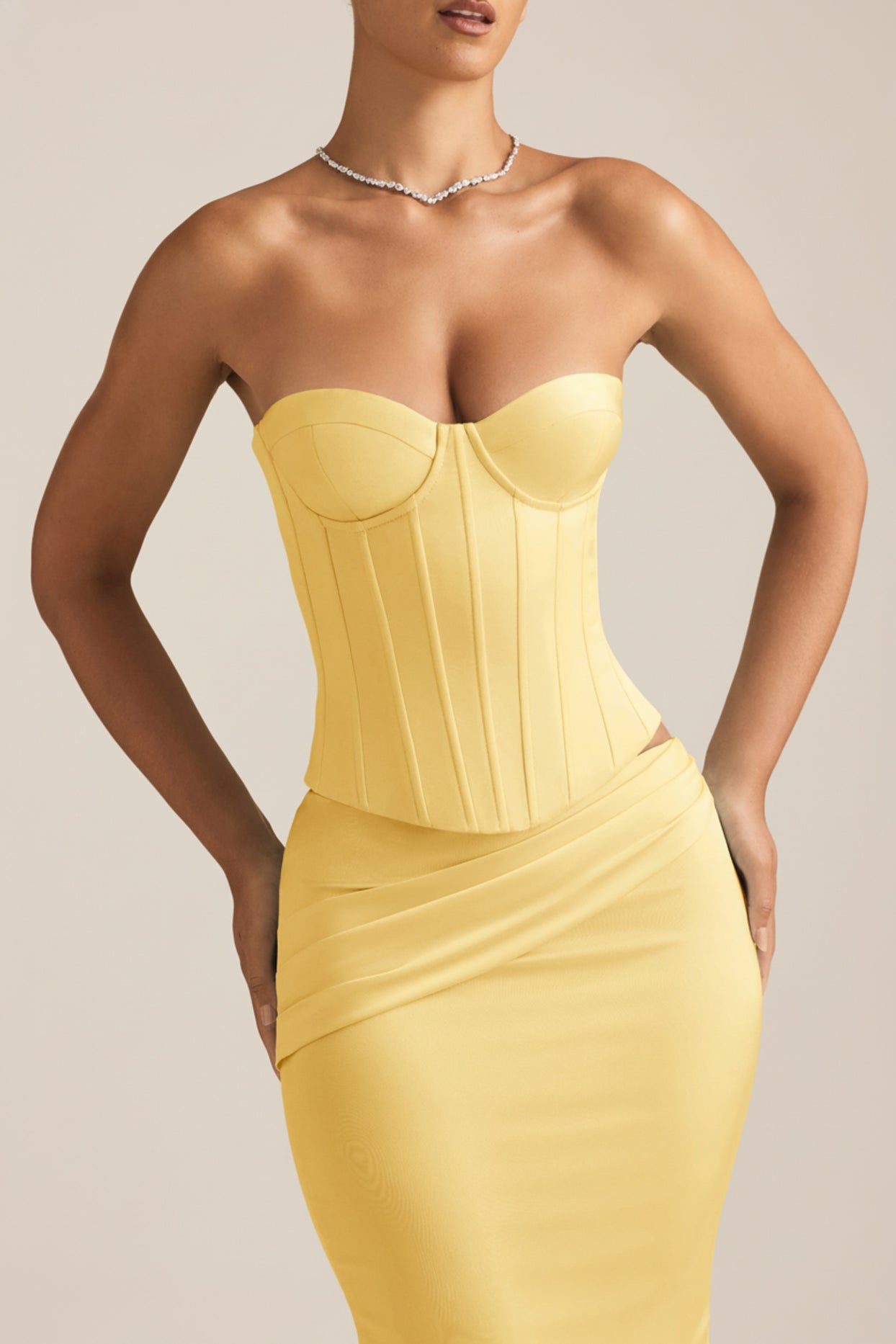 Satin Lace-Up Corset Top in Pastel Yellow - 4