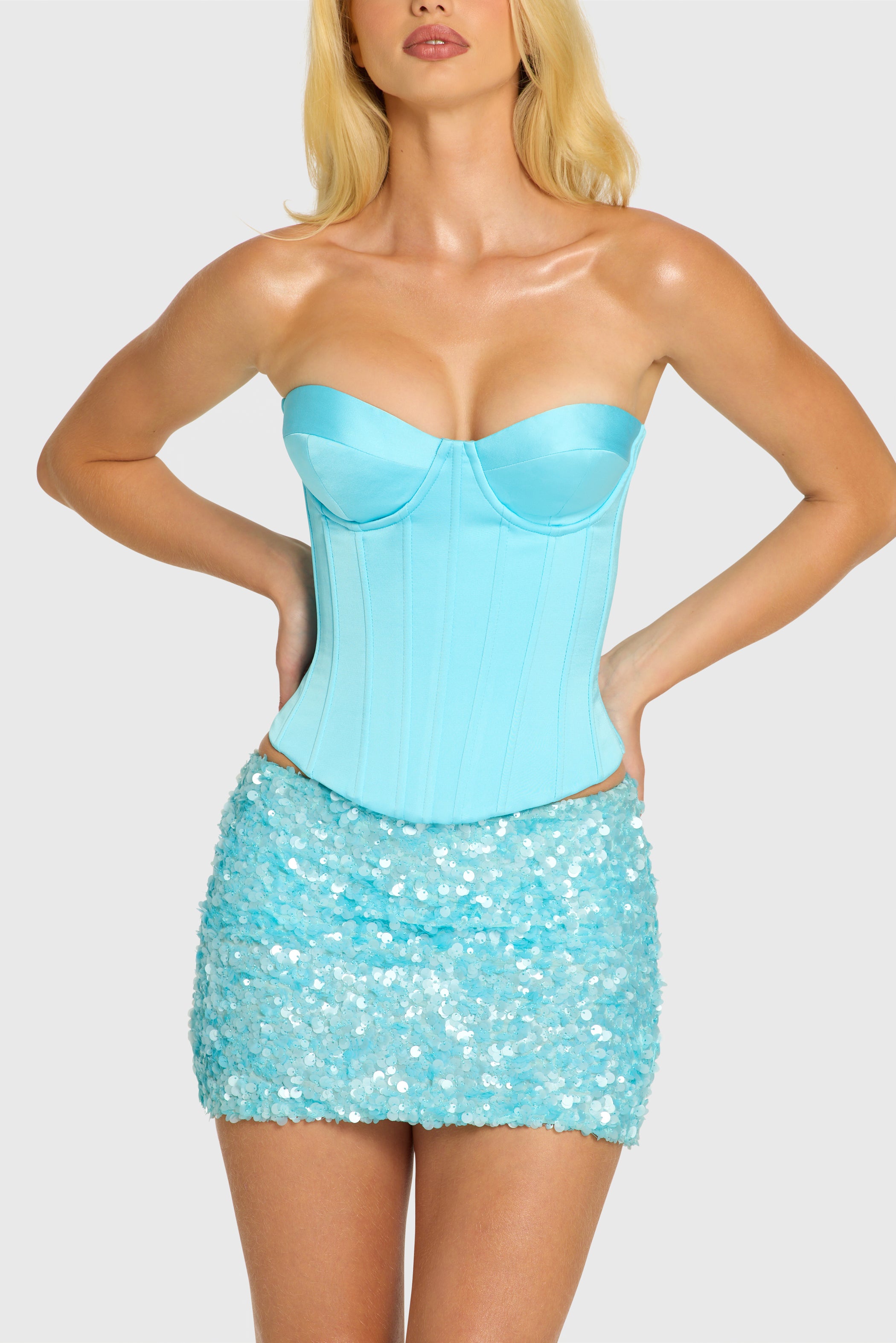 Satin Lace-Up Corset Top in Aquamarine