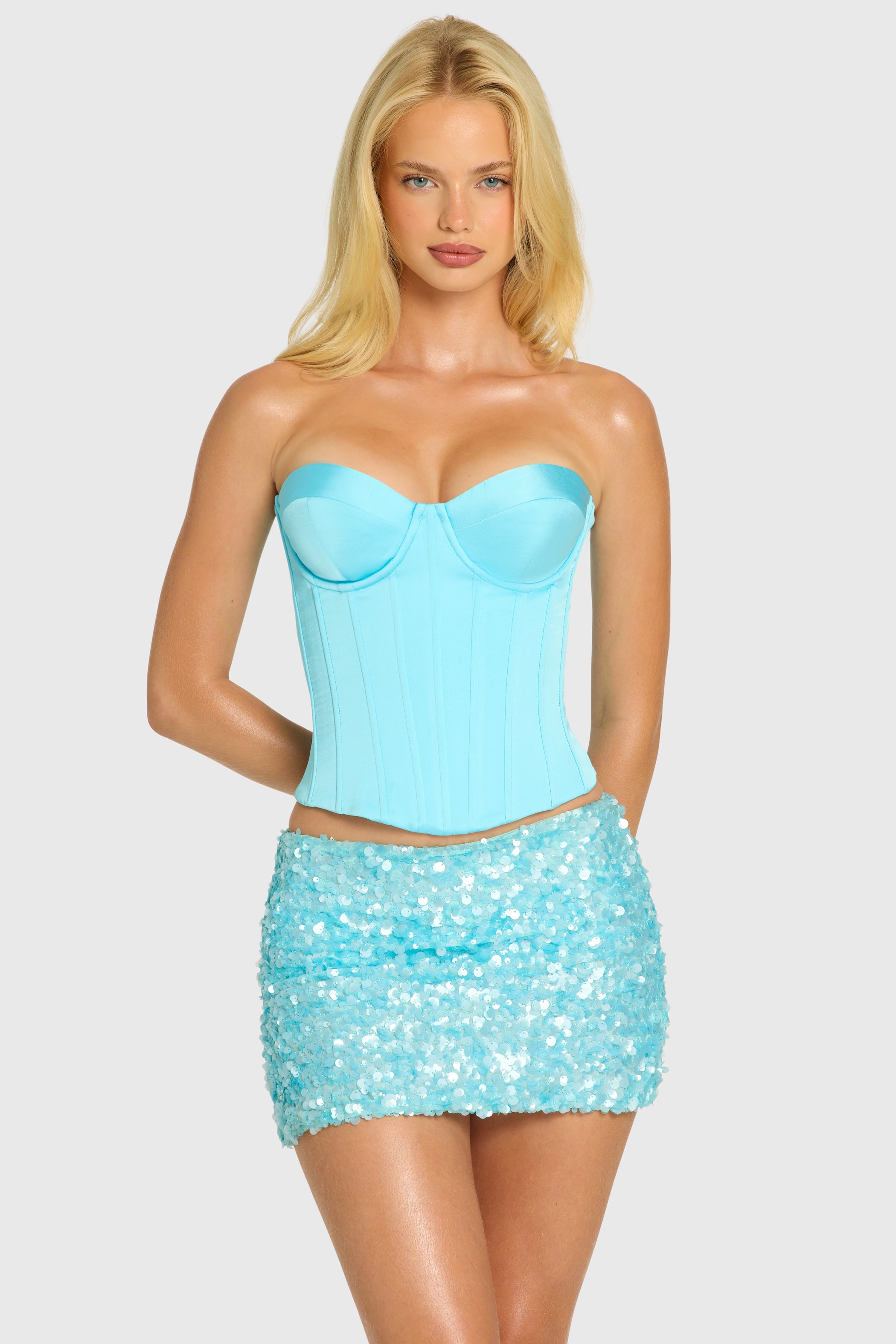 Satin Lace-Up Corset Top in Aquamarine