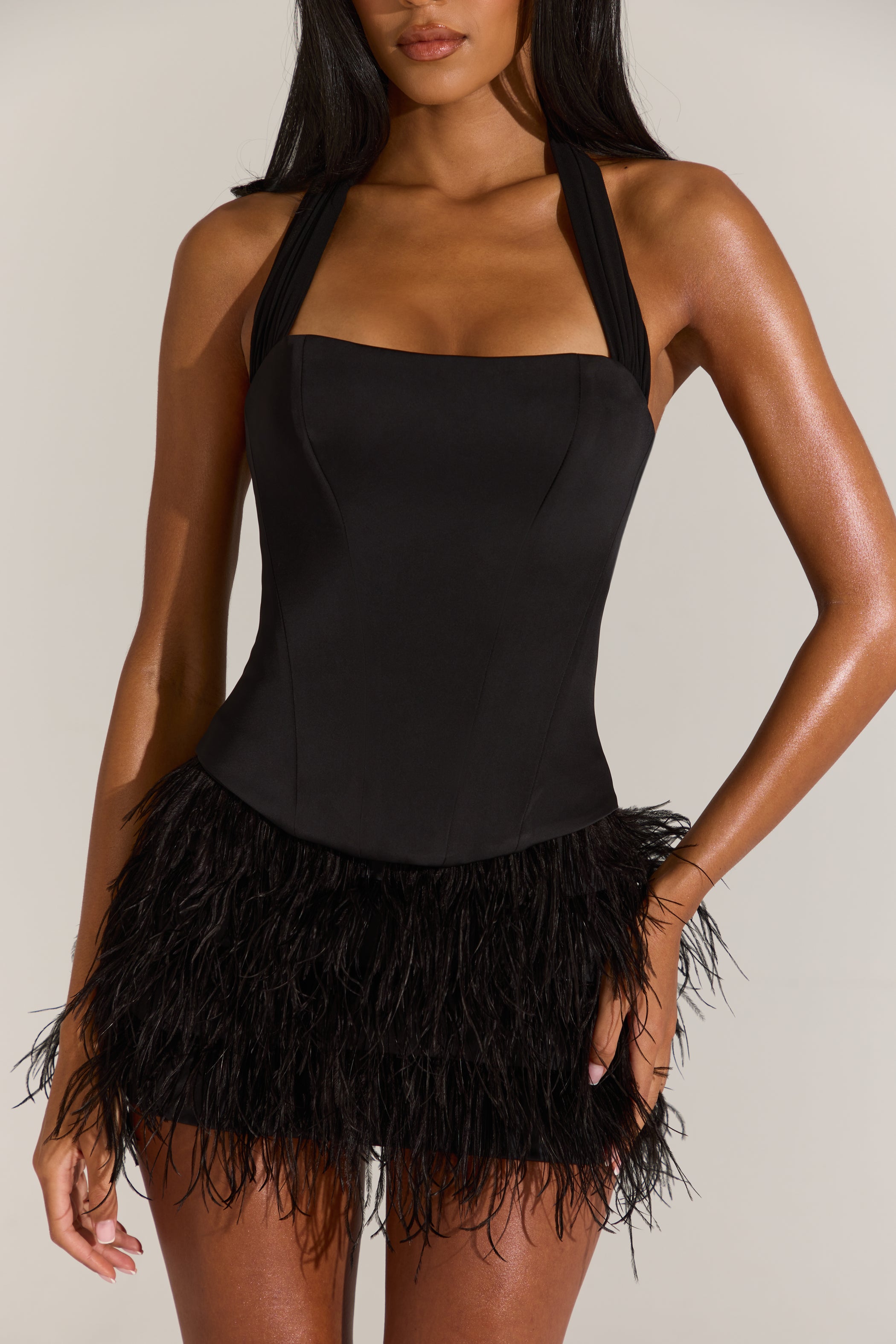 Satin Corset Feathered Mini Dress in Black