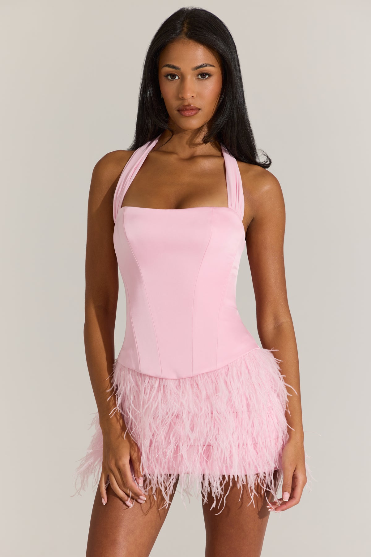 Satin Corset Feathered Mini Dress in Blossom Pink