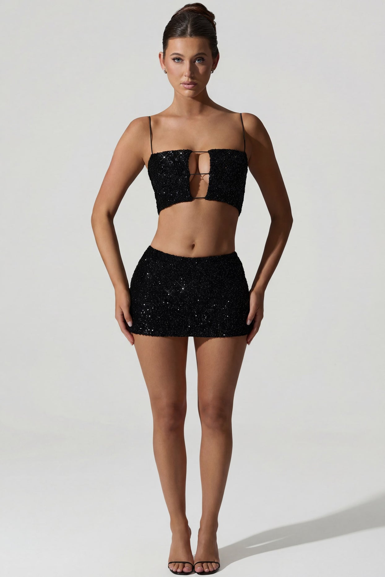 Embellished Cut-Out Crop Top in Black - 6