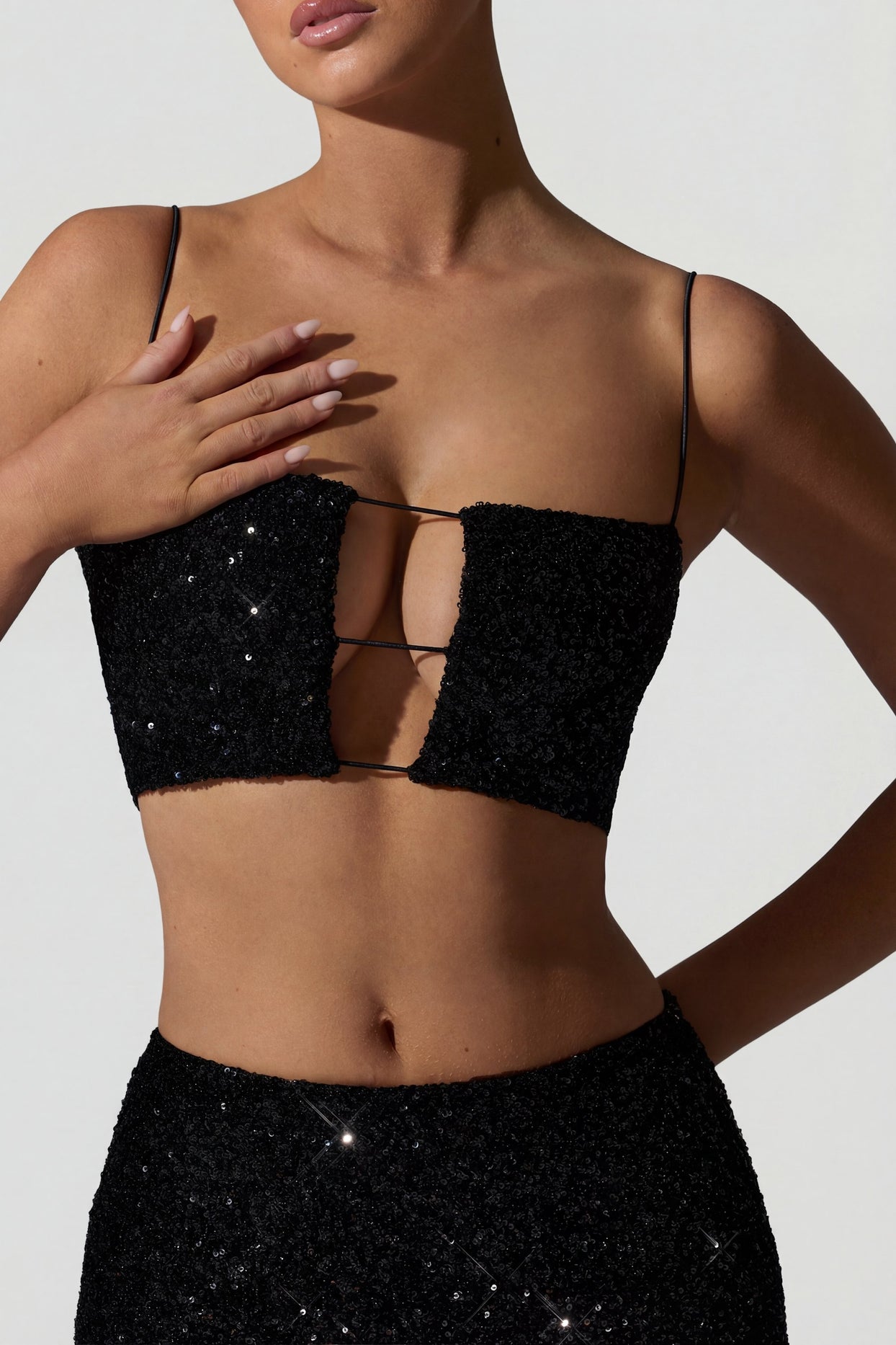 Embellished Cut-Out Crop Top in Black - 5