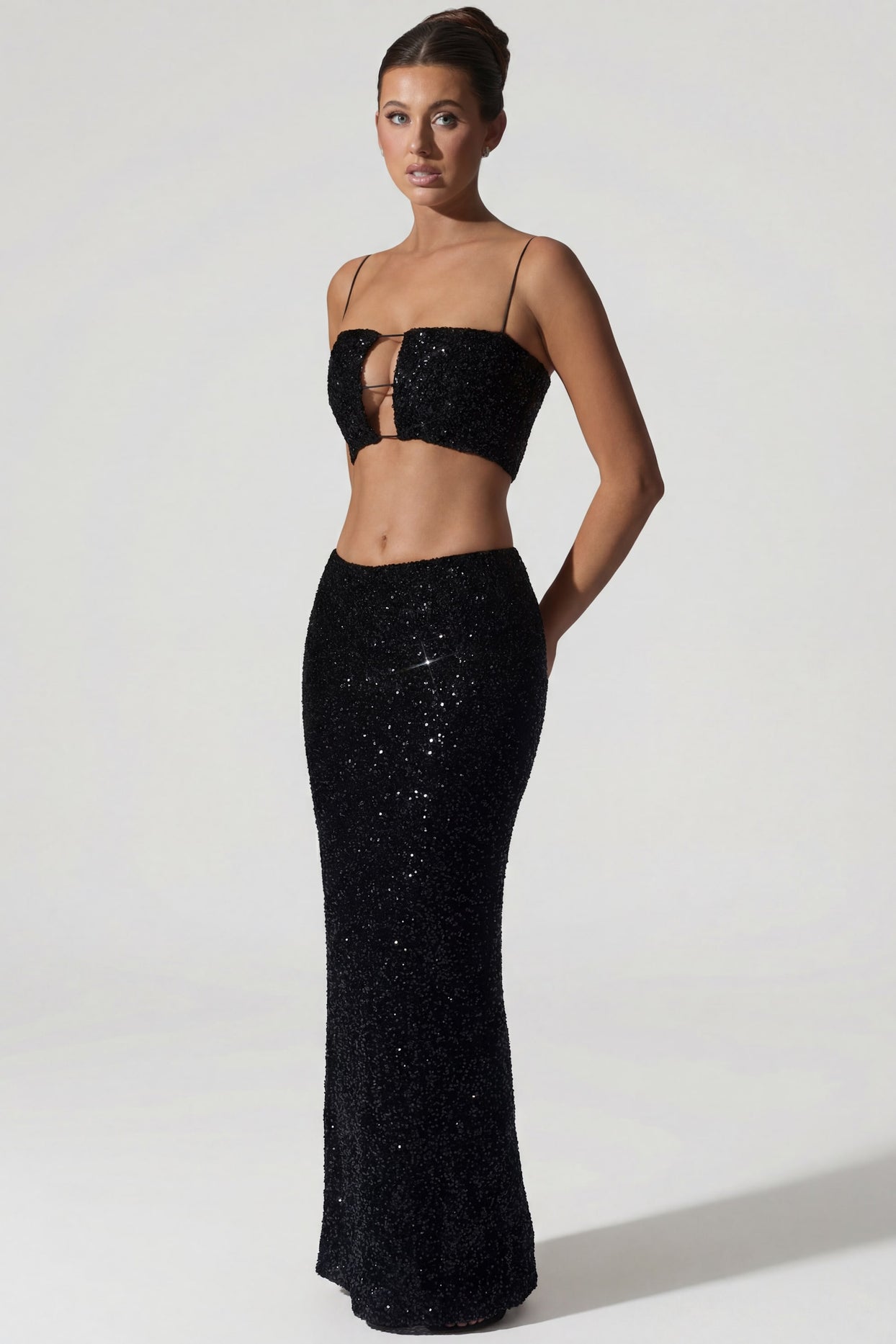 Embellished Cut-Out Crop Top in Black - 7