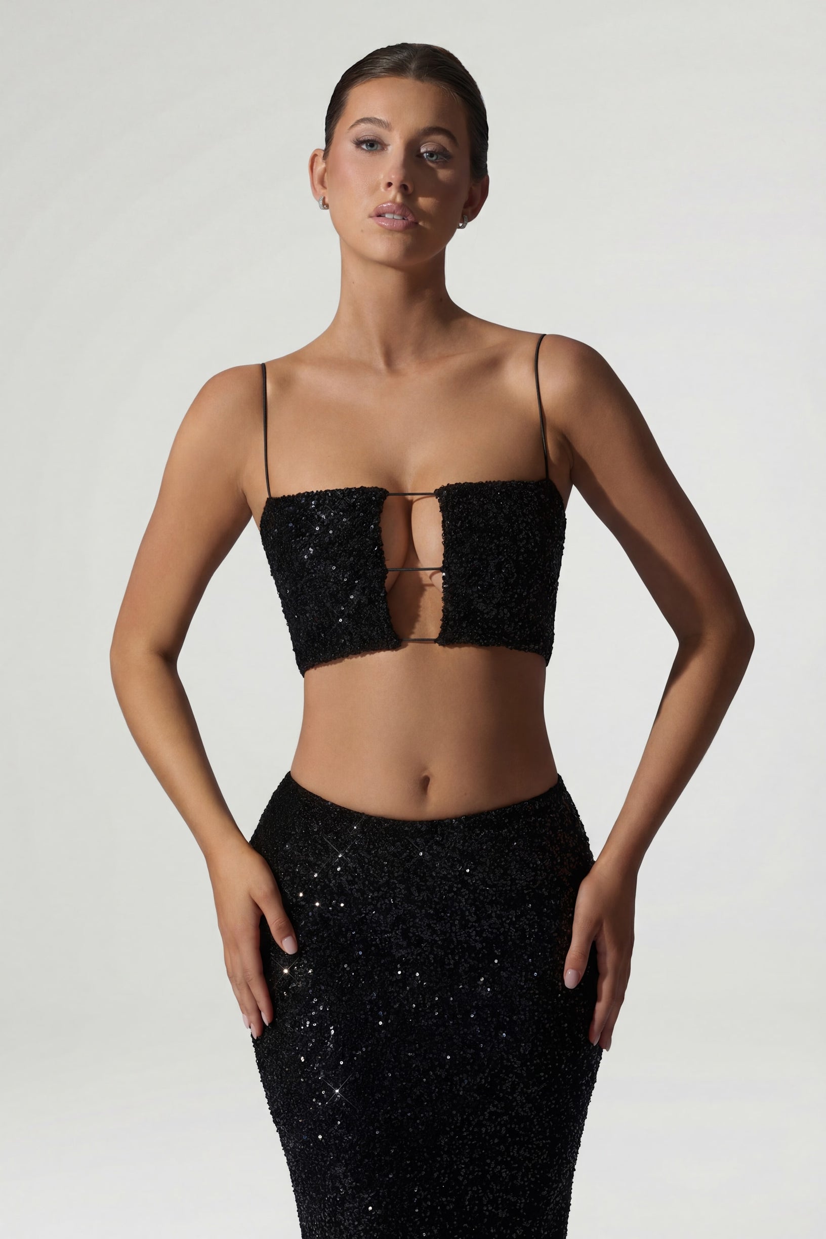 Embellished Cut-Out Crop Top in Black - 1