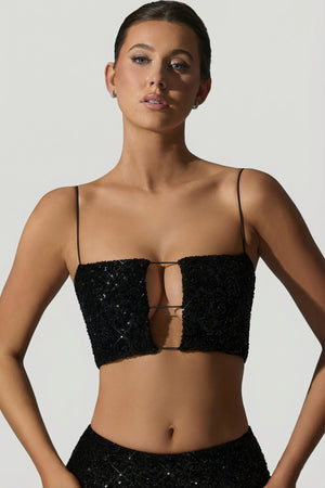 Embellished Cut-Out Crop Top in Black