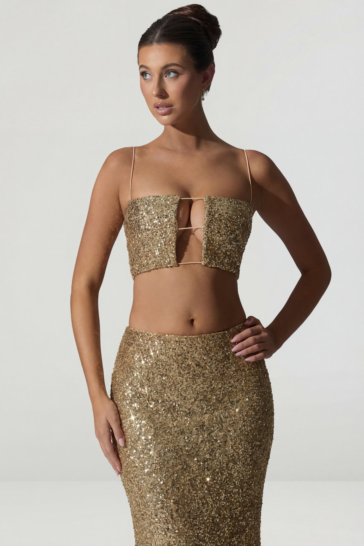 Embellished Cut-Out Crop Top in Gold - 6