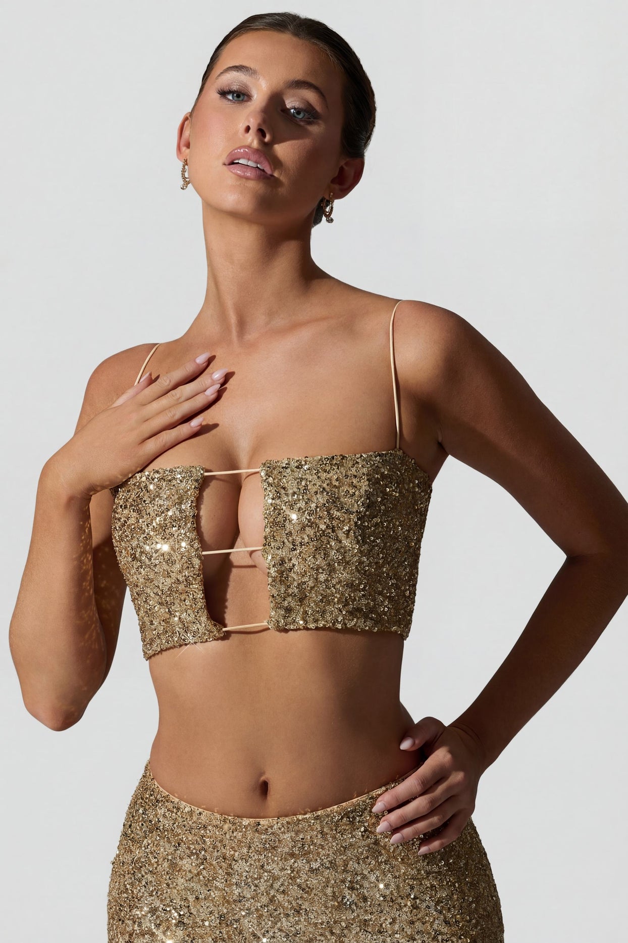 Embellished Cut-Out Crop Top in Gold - 5