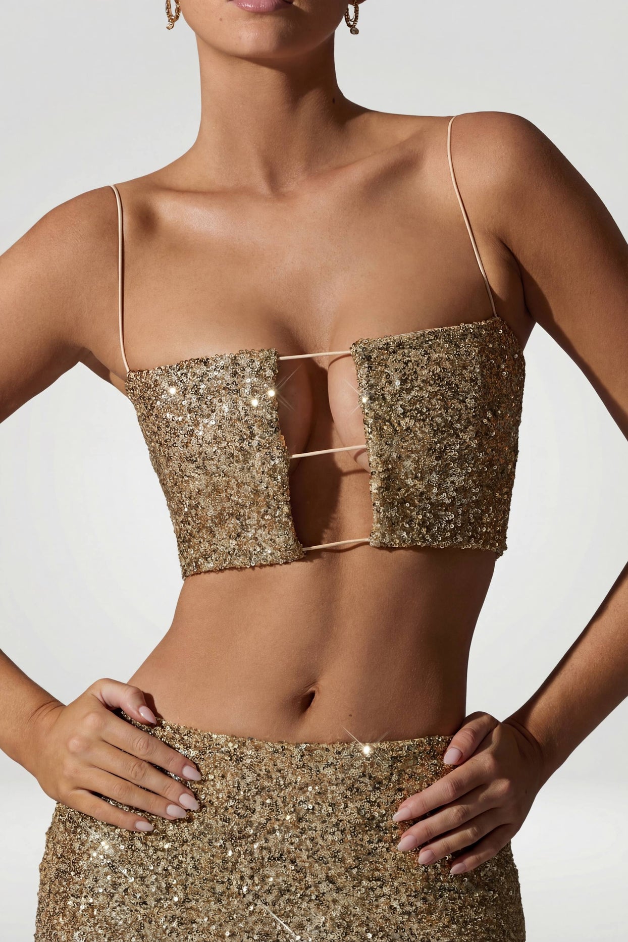 Embellished Cut-Out Crop Top in Gold - 4