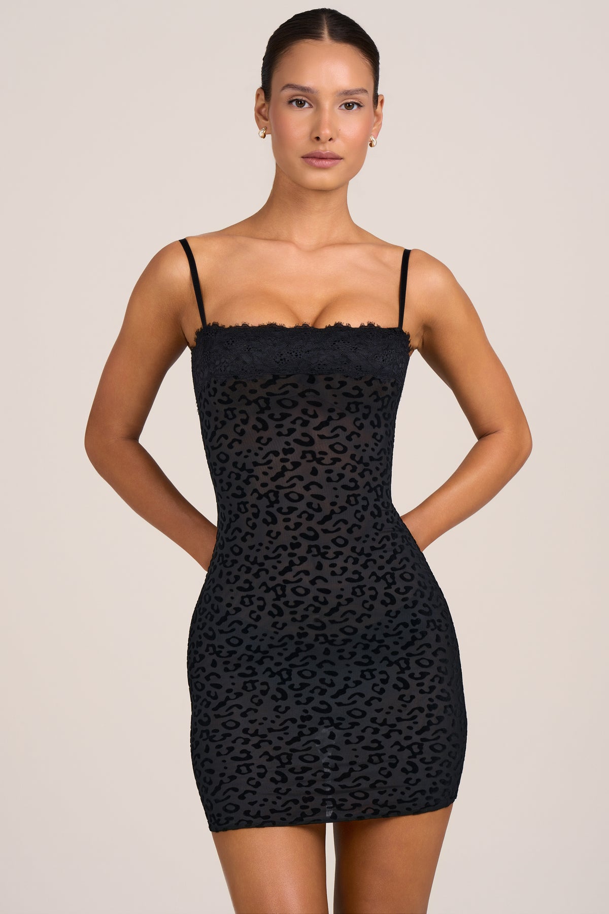 Flocked Leopard Mesh Mini Dress in Black