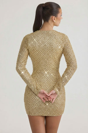 Embellished Cowl-Neck Mini Dress in Gold