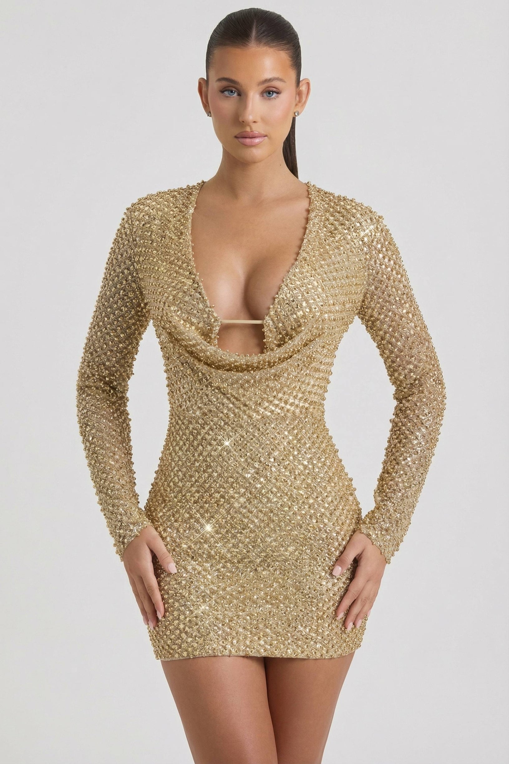 Embellished Cowl-Neck Mini Dress in Gold - 1