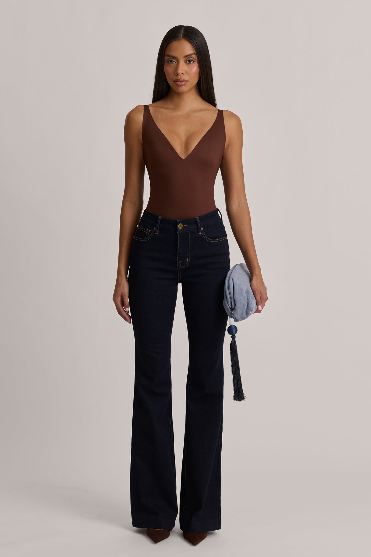V-Neck Thong Bodysuit in Cocoa Brown