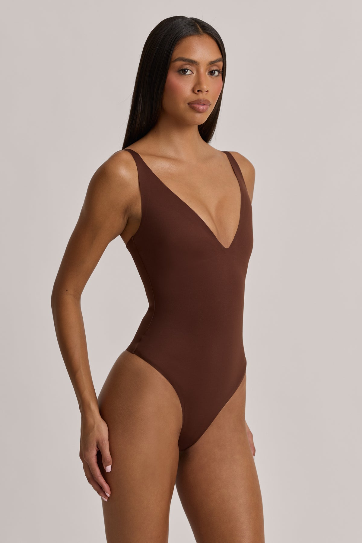 V-Neck Thong Bodysuit in Cocoa Brown