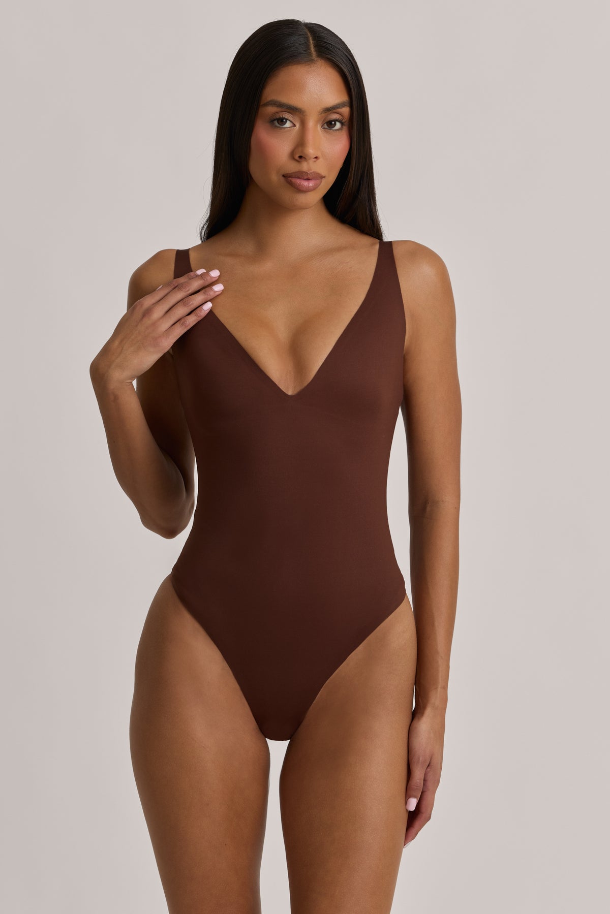 V-Neck Thong Bodysuit in Cocoa Brown