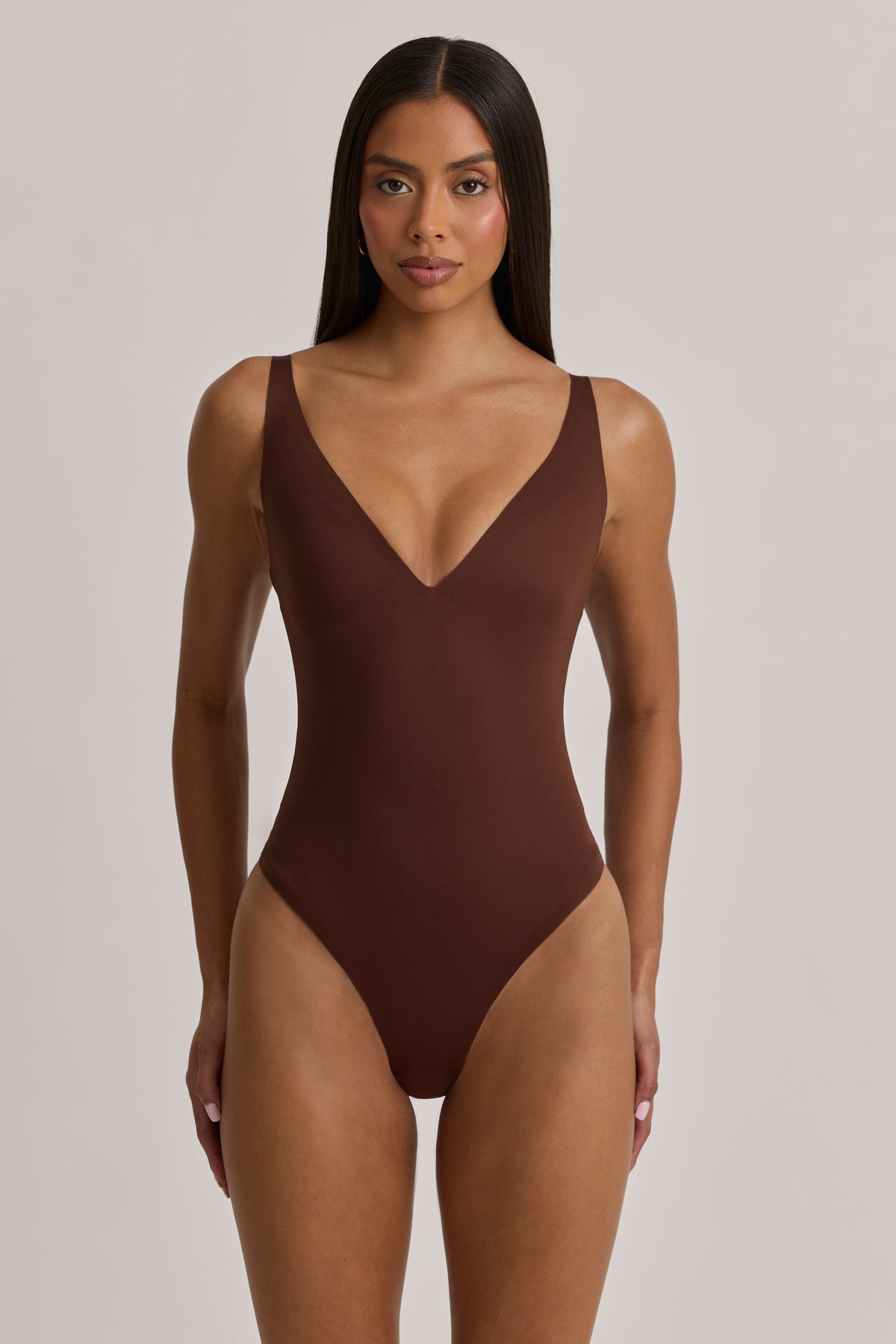 V-Neck Thong Bodysuit in Cocoa Brown - 1