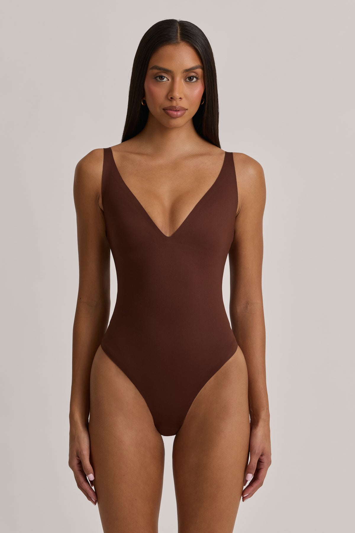 V-Neck Thong Bodysuit in Cocoa Brown