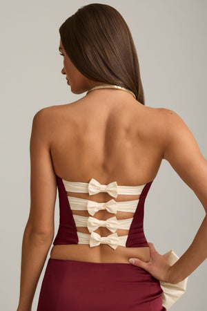 Cut-Out Bow-Detail Corset Top in Wine Red