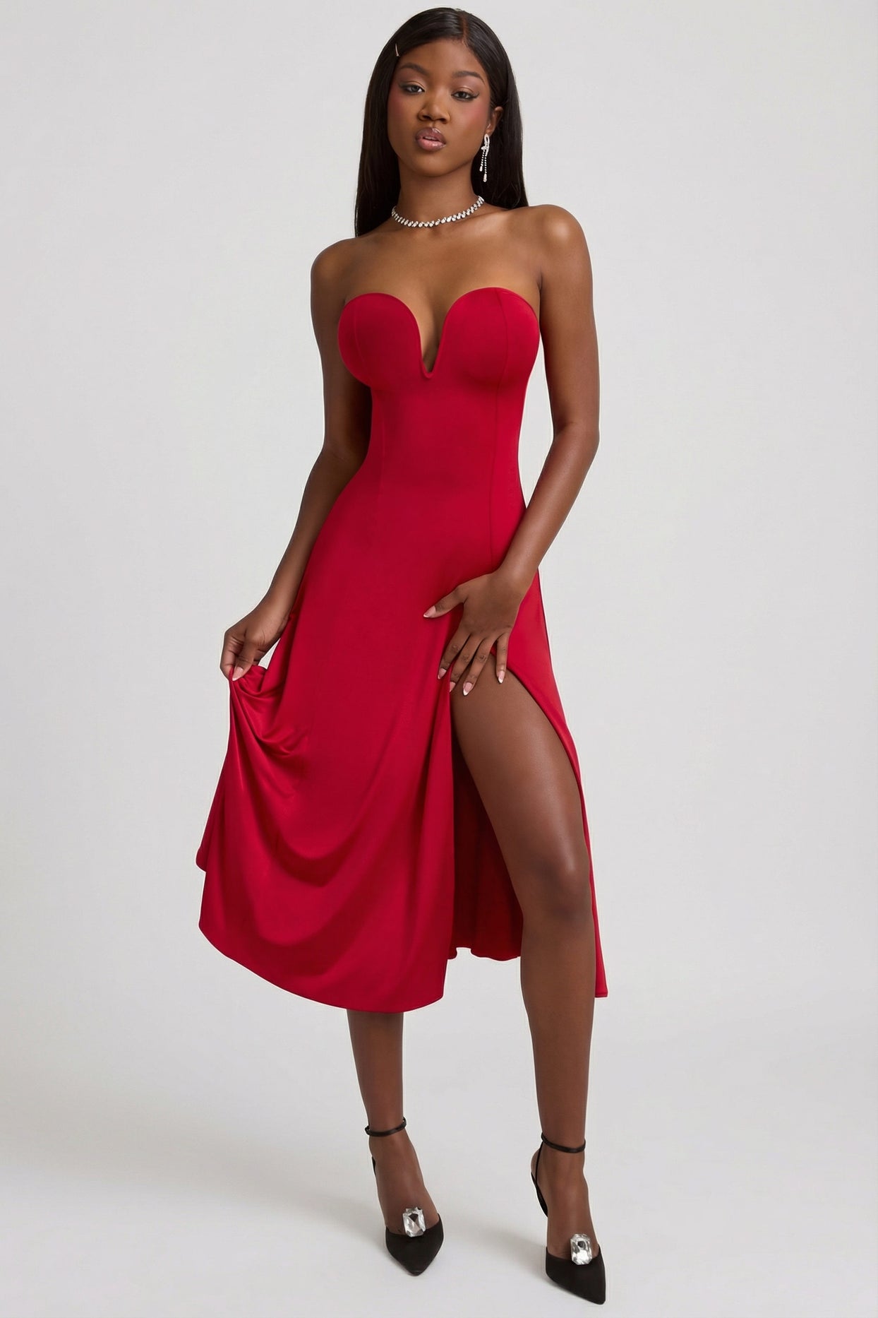 Slinky Jersey Strapless A-Line Midaxi Dress in True Red - 5