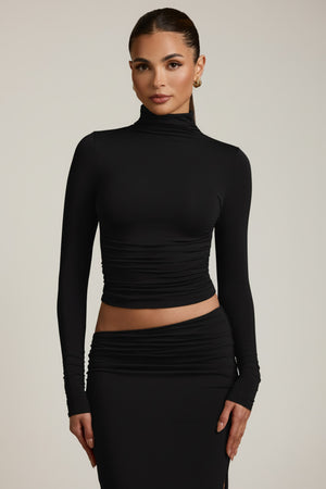 Modal Ruched Backless Turtleneck Top in Black