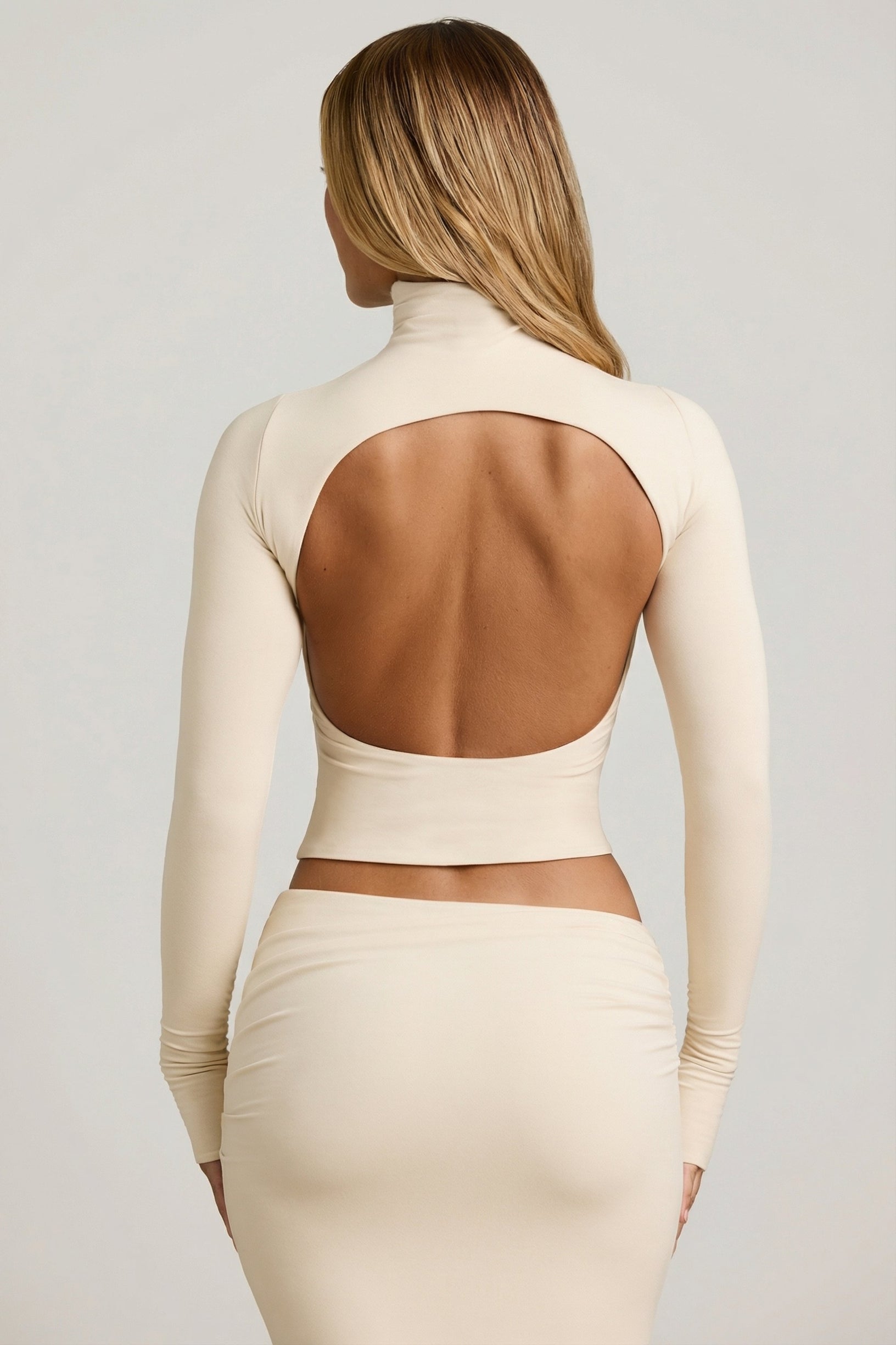 Modal Ruched Backless Turtleneck Top in Ivory - 2