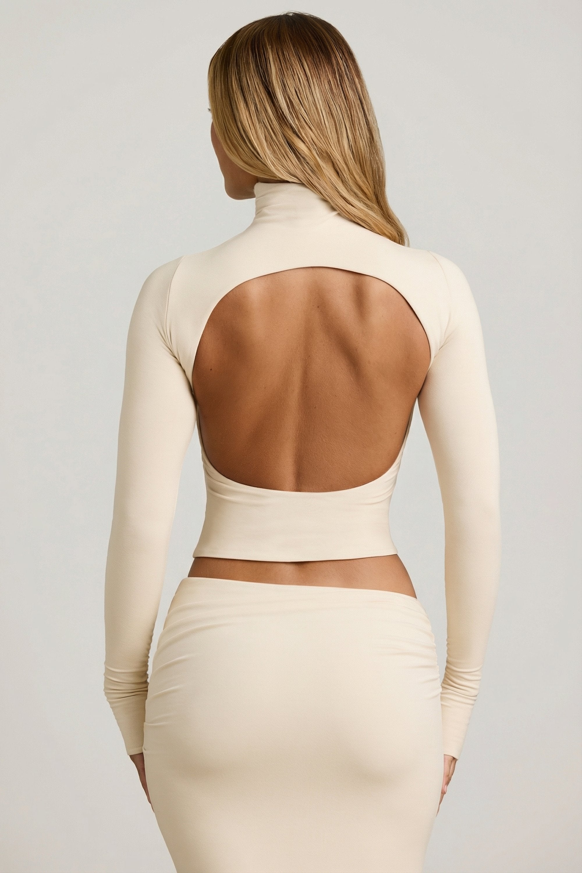 Modal Ruched Backless Turtleneck Top in Ivory - 2