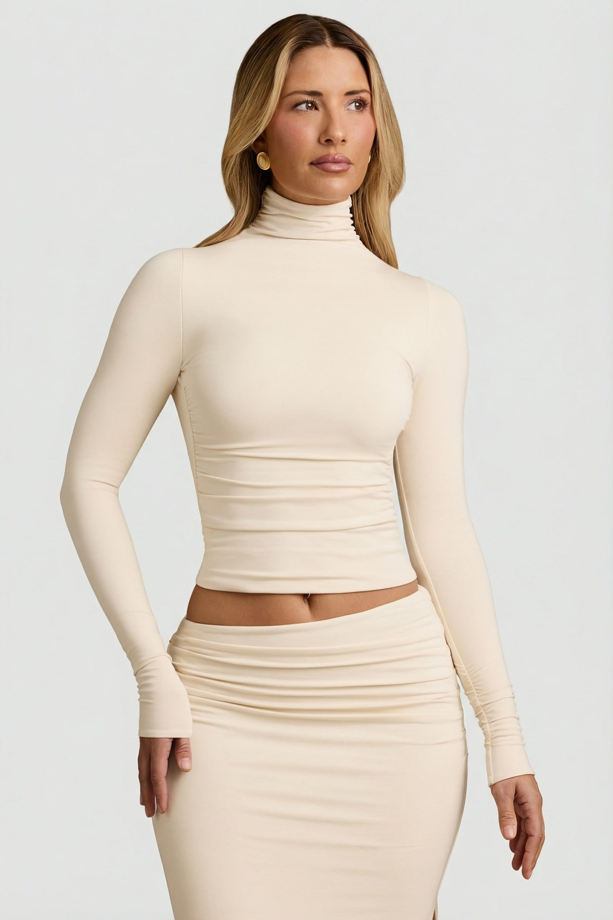 Modal Ruched Backless Turtleneck Top in Ivory - 6
