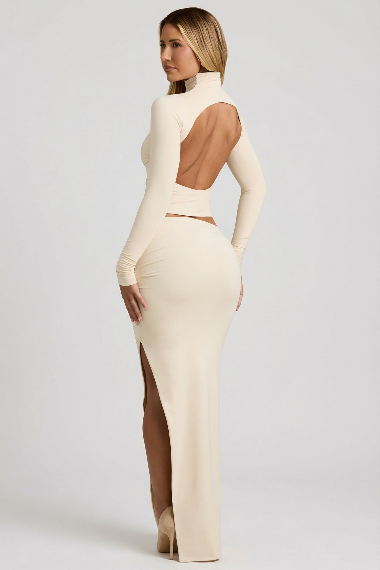 Modal Ruched Backless Turtleneck Top in Ivory - 7