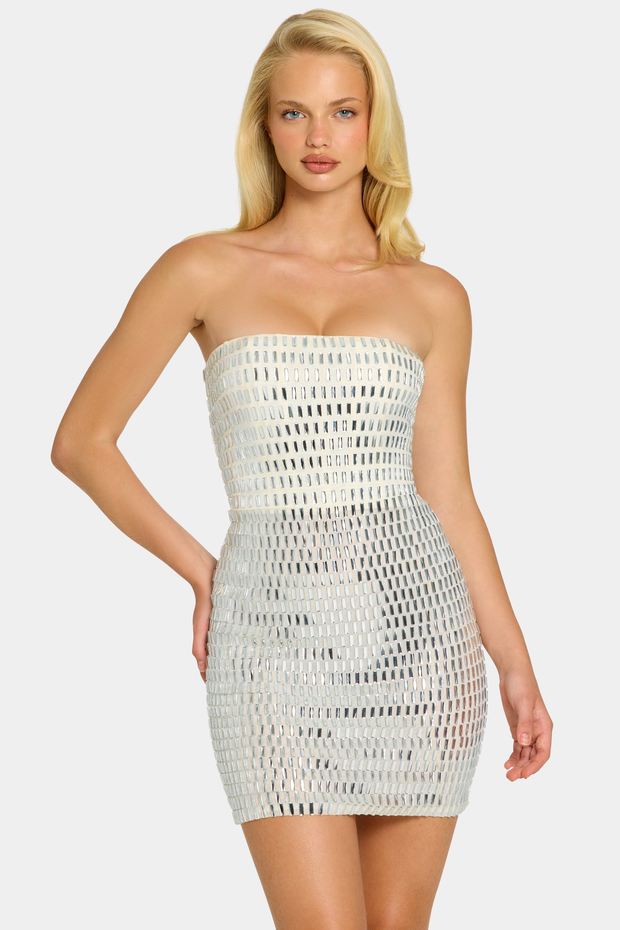 Svana V Neck Embellished A-Line Mini Dress in Silver