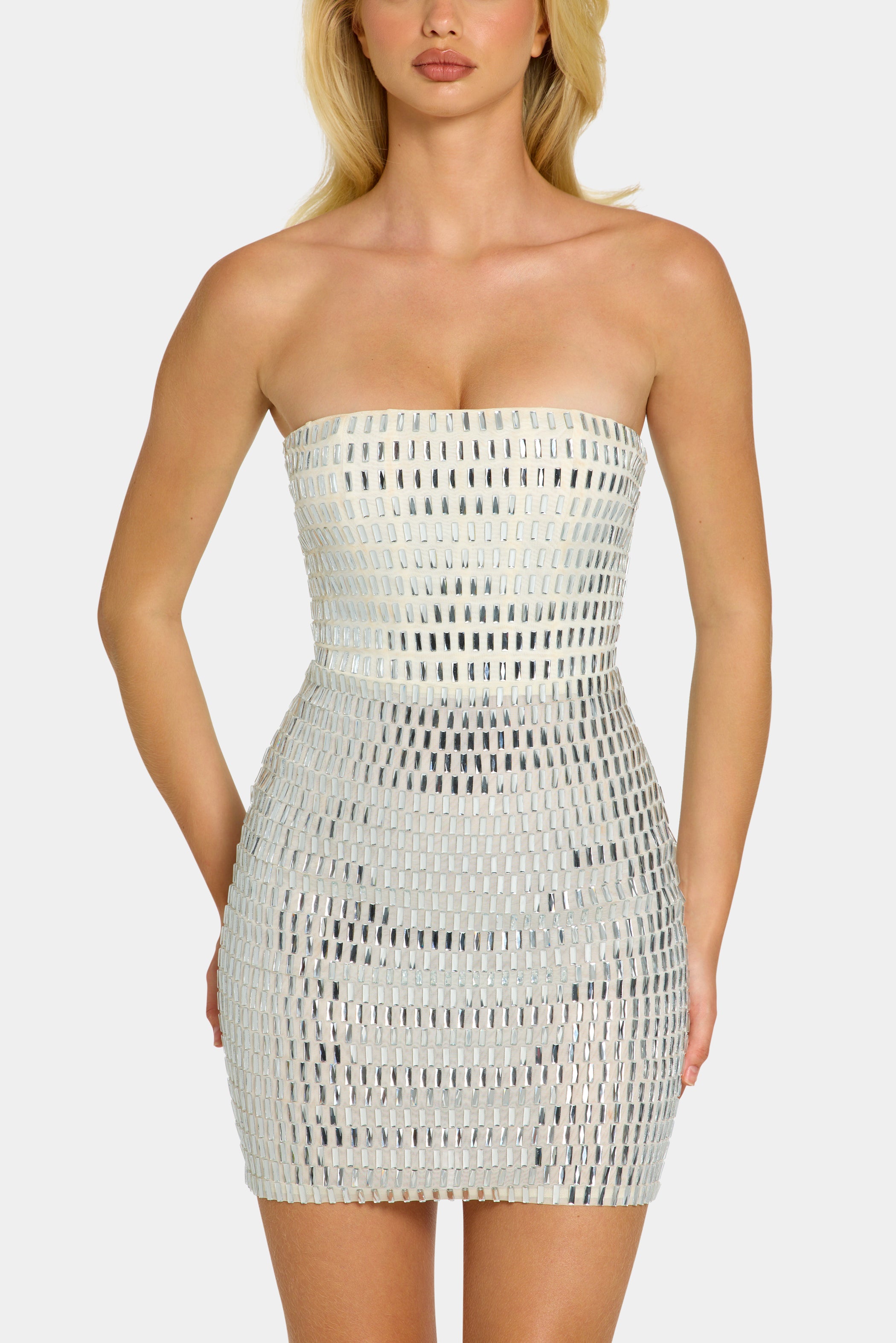 Embellished Bandeau Mini Dress in White