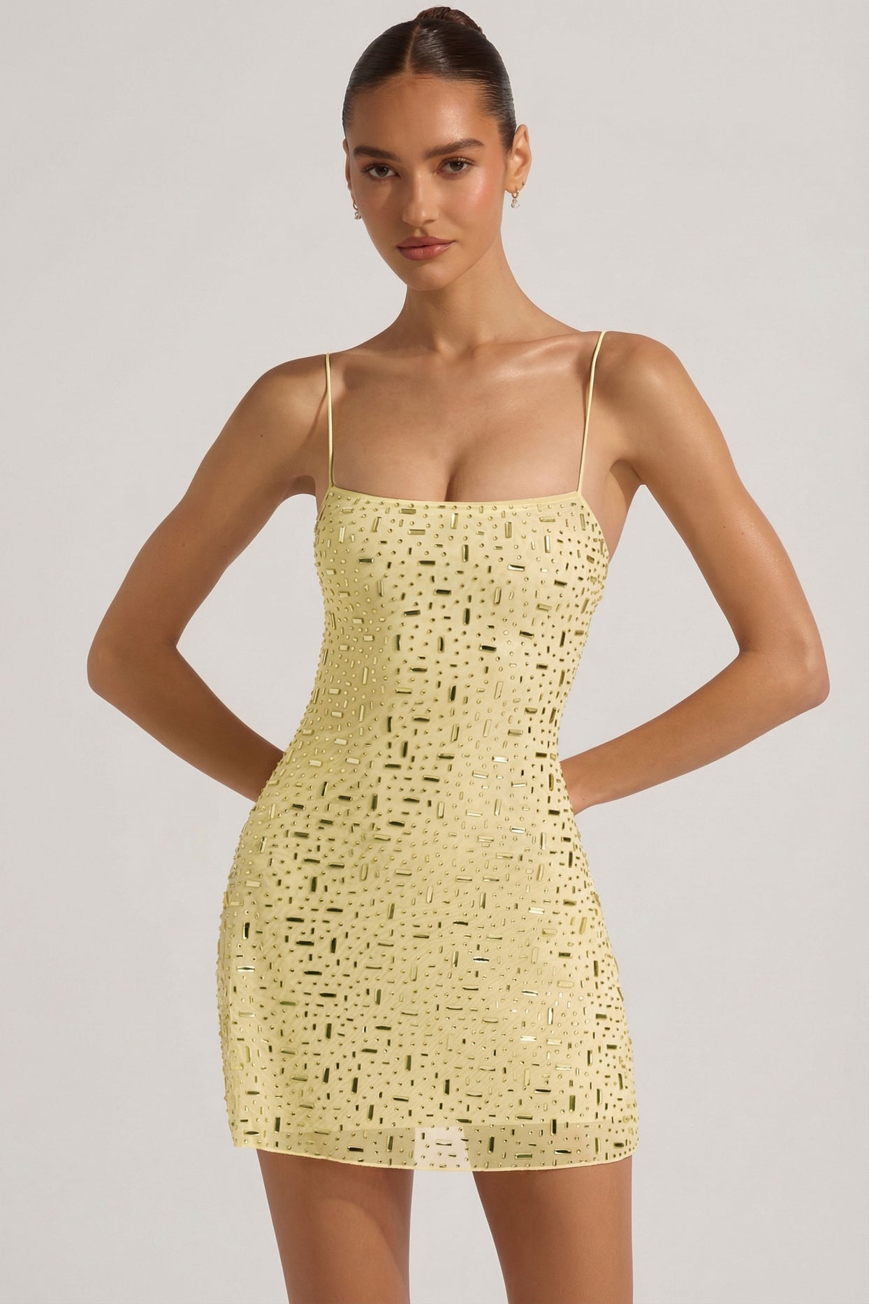 Sheer Embellished Square-Neck Mini Dress in Yellow - 6