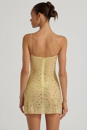 Sheer Embellished Square-Neck Mini Dress in Yellow
