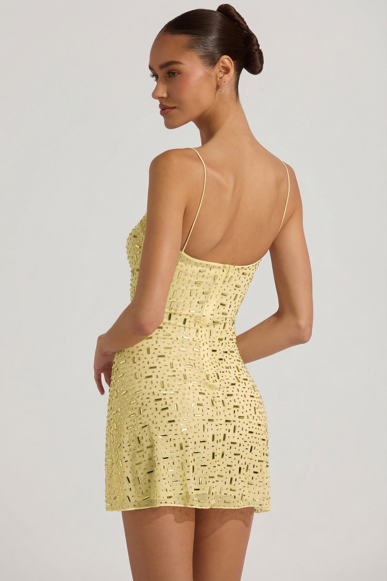Sheer Embellished Square-Neck Mini Dress in Yellow - 7