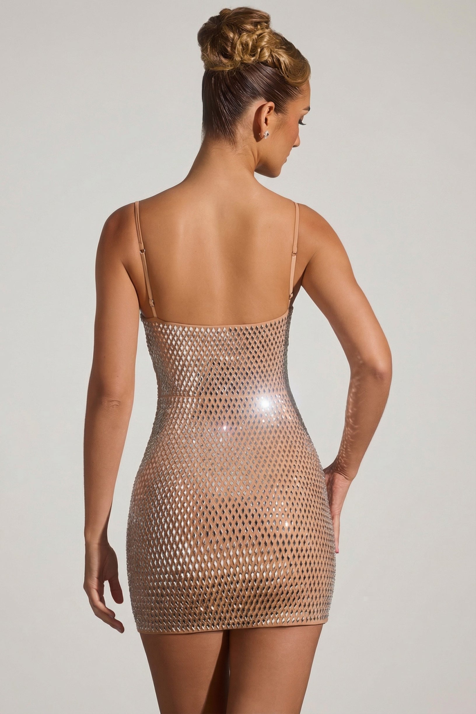 Embellished Cut-Out Mini Dress in Almond - 2