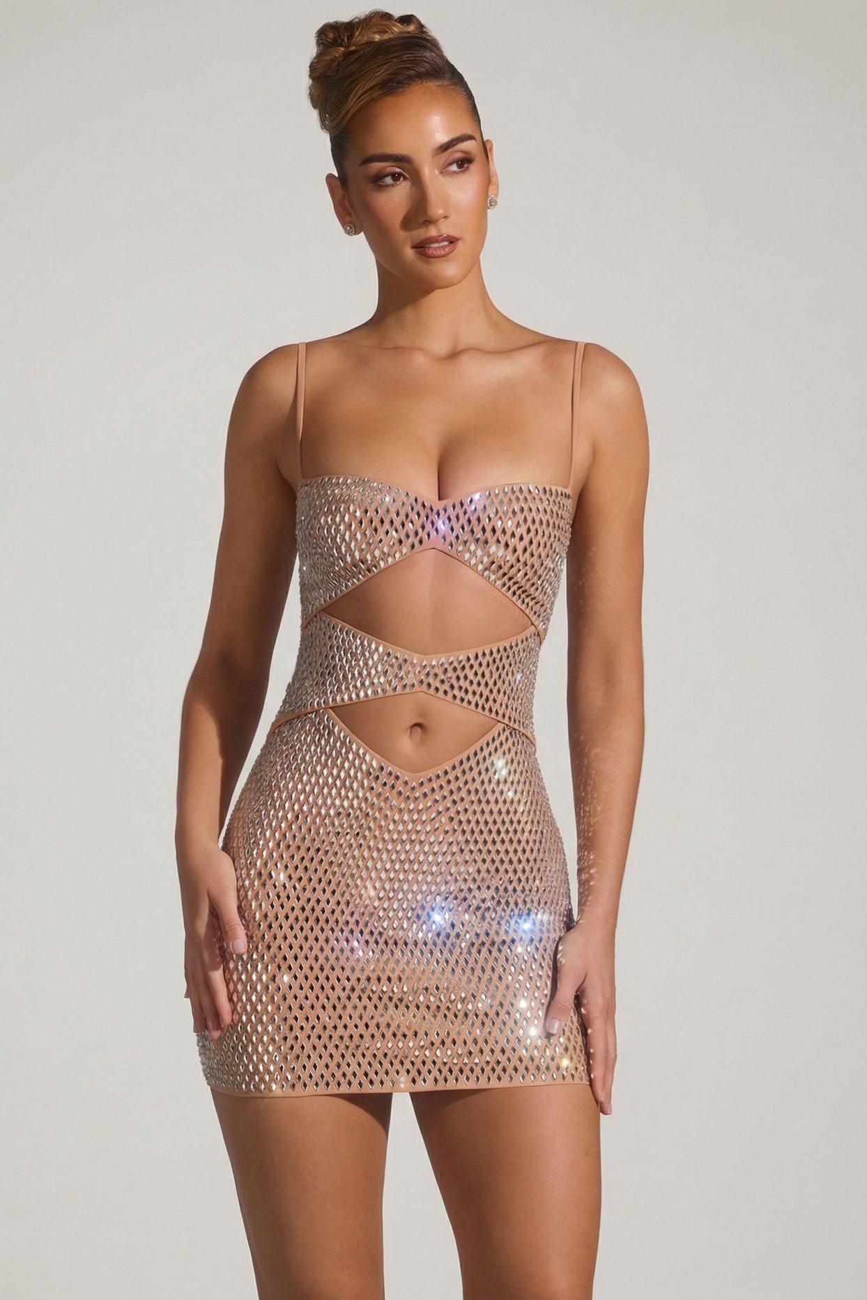 Embellished Cut-Out Mini Dress in Almond - 6