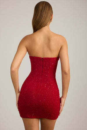 Embellished Strapless Cowl-Neck Mini Dress in True Red