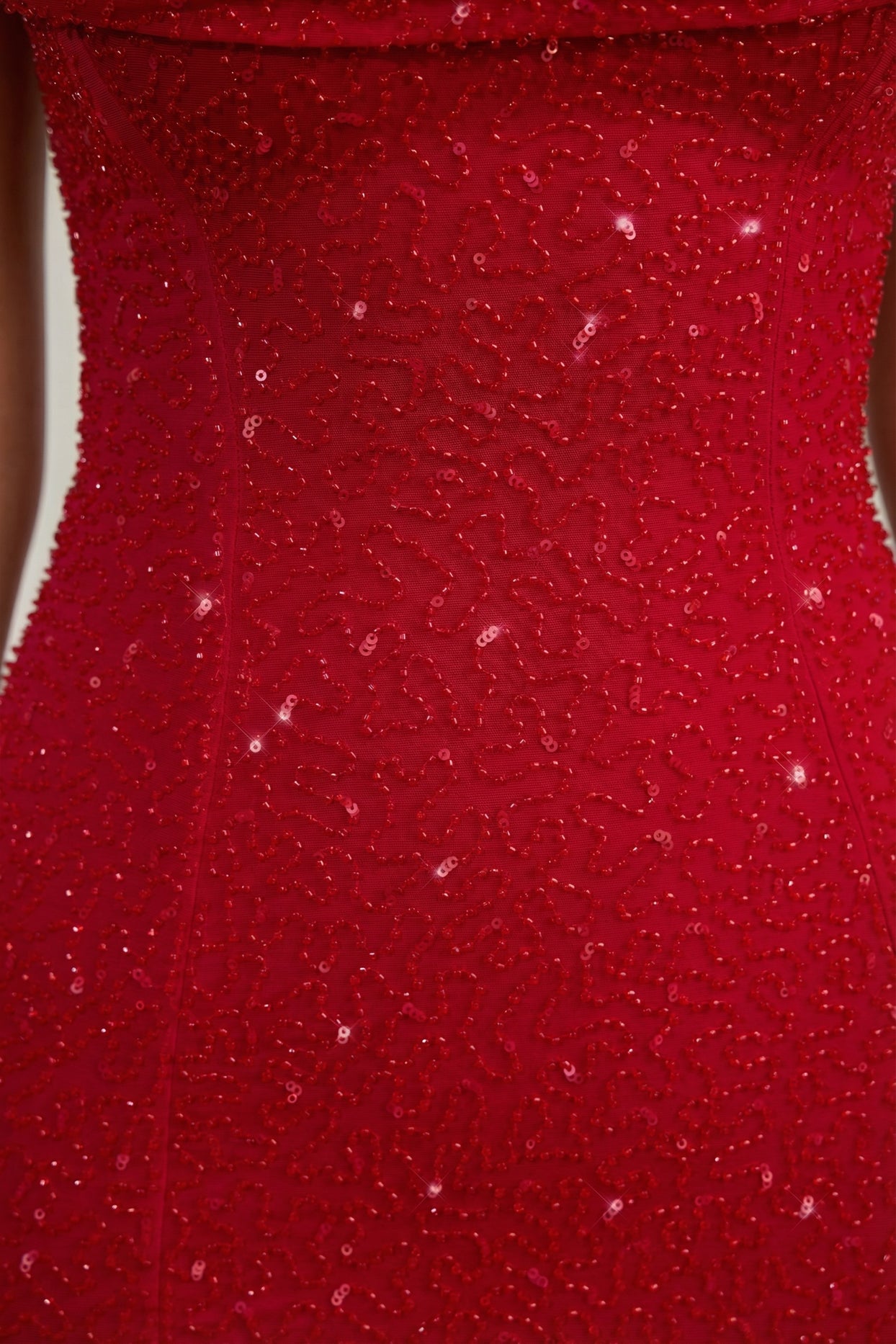 Embellished Strapless Cowl-Neck Mini Dress in True Red - 5