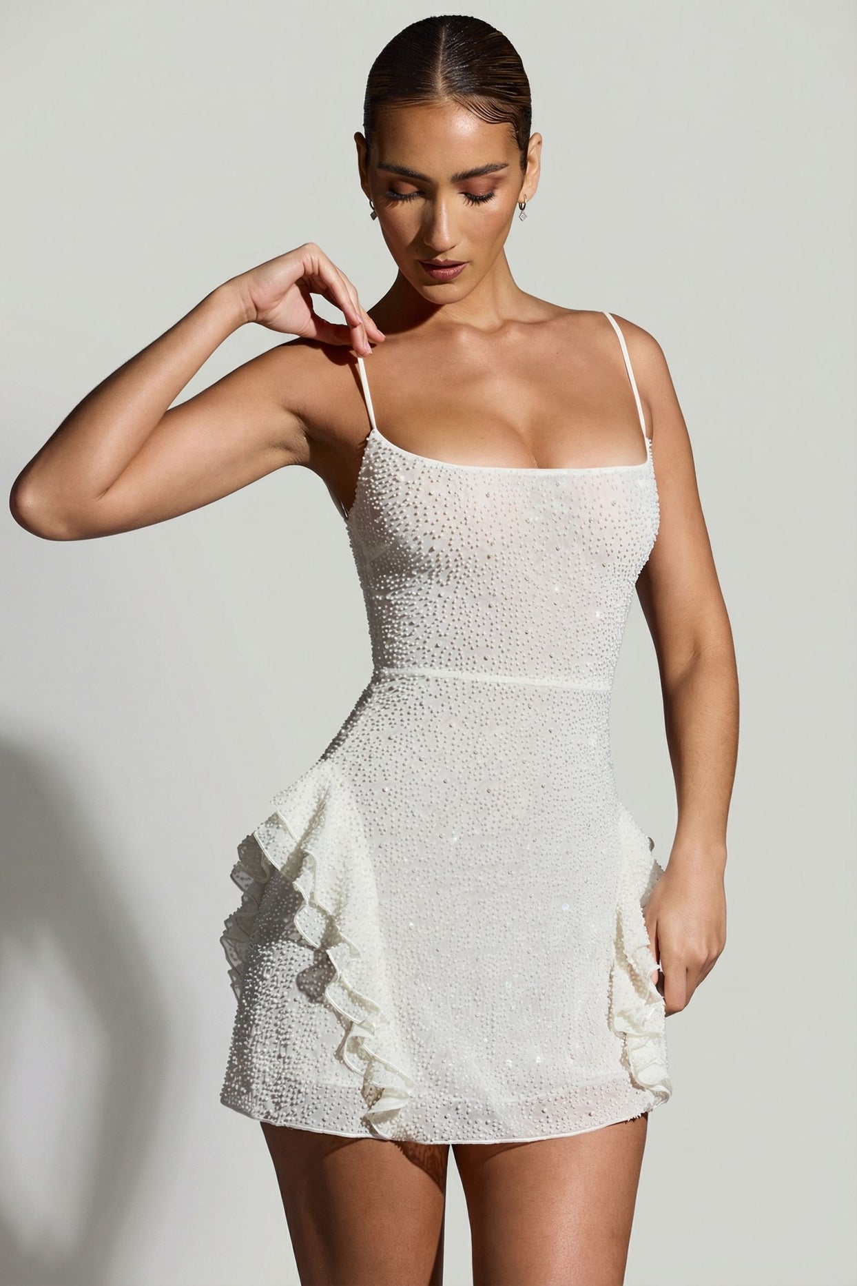 Embellished Frill Mini Dress in White - 9
