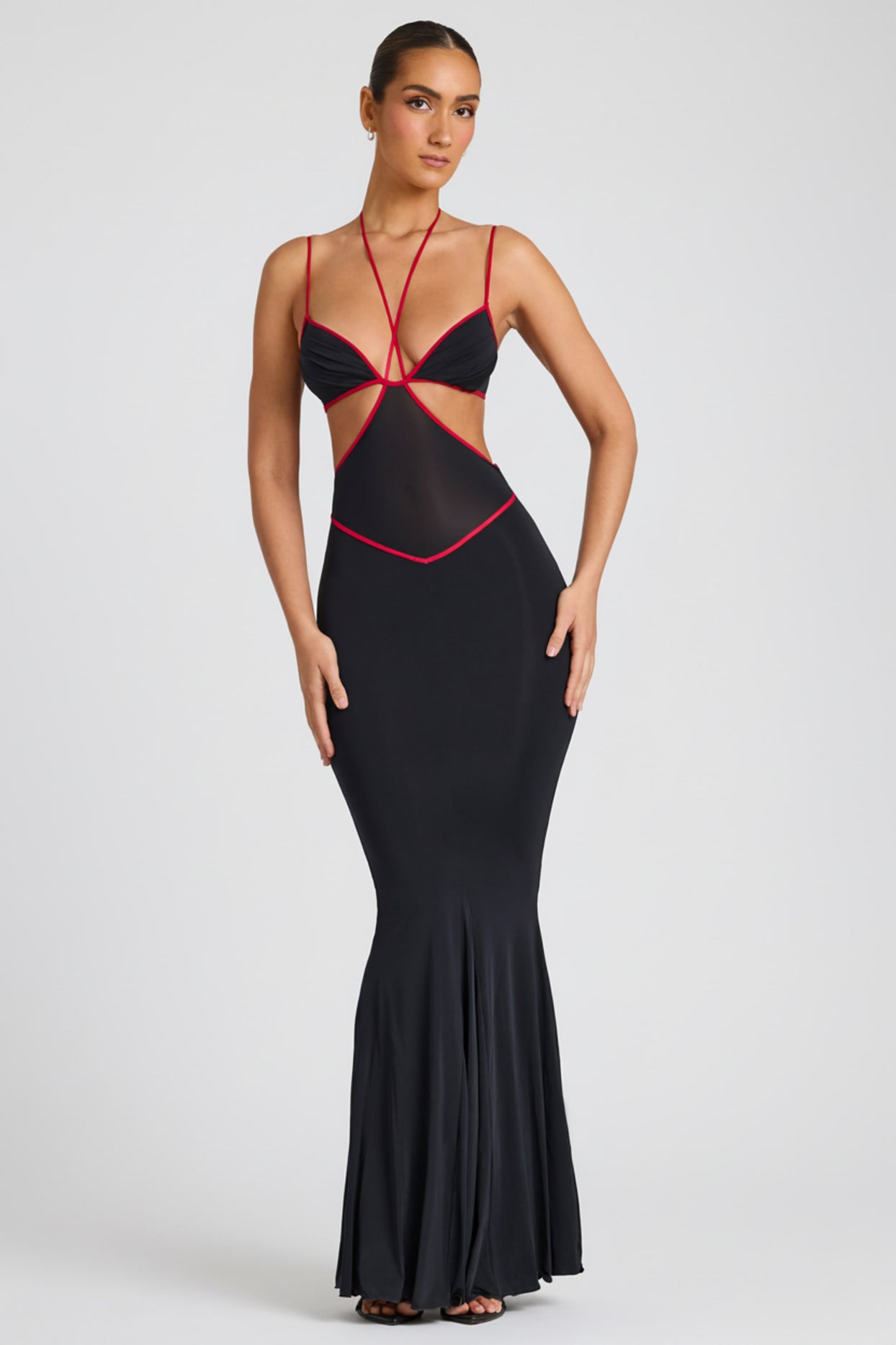 Contrast Binding Cut Out Evening Gown in Black - 1