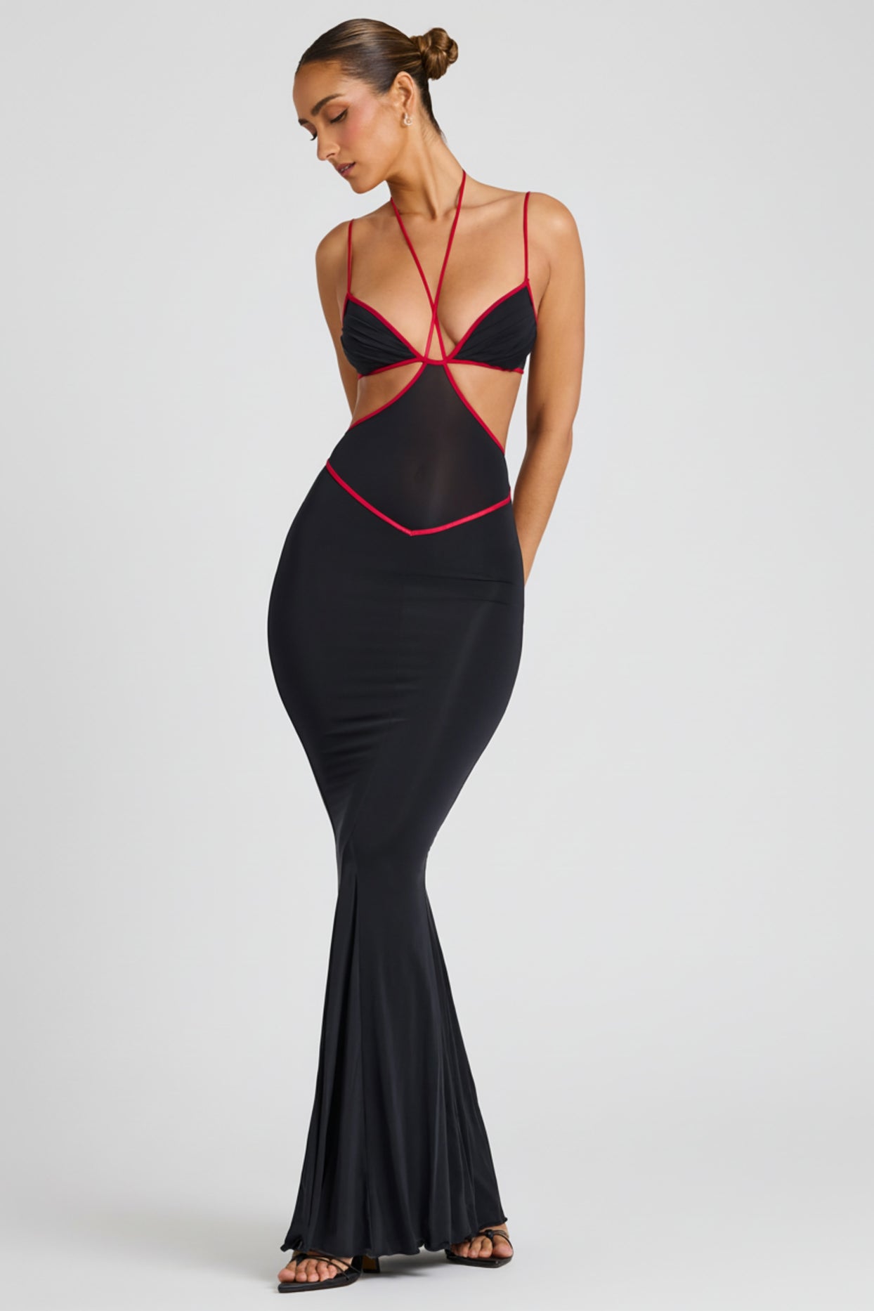 Contrast Binding Cut Out Evening Gown in Black - 7